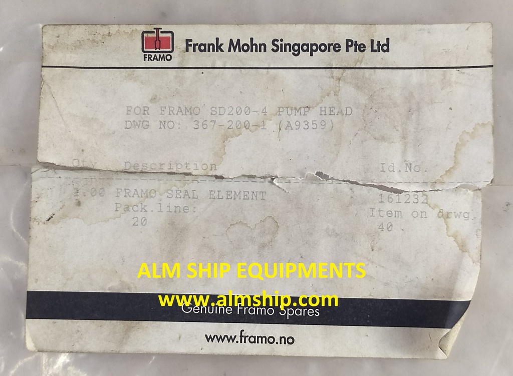 FRAMO SEAL ELEMENT SD-200-4 PUMP HEAD 367-200-1 (A9359)